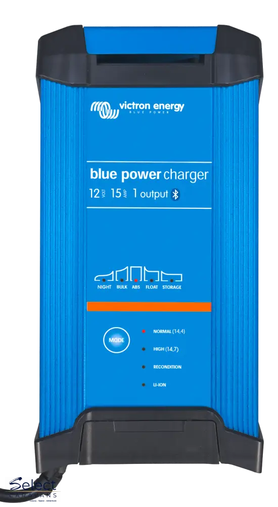 Blue power charger with black cord on a white background