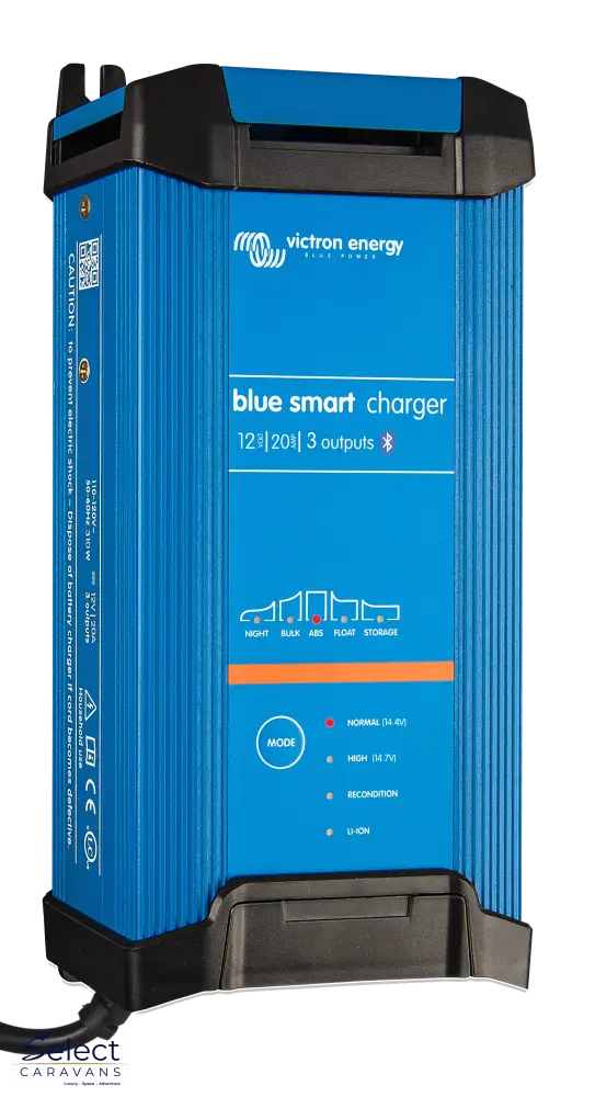 Blue smart charger with power cord on a white background