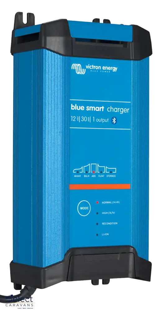 Blue smart charger with power cord on a white background