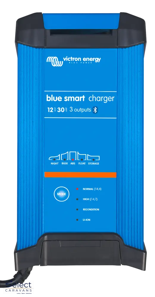 Blue power charger with black cord on a white background