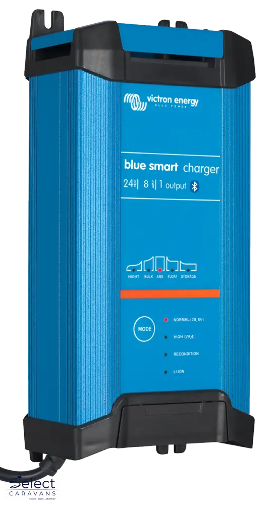 Blue smart charger with power cord on a white background