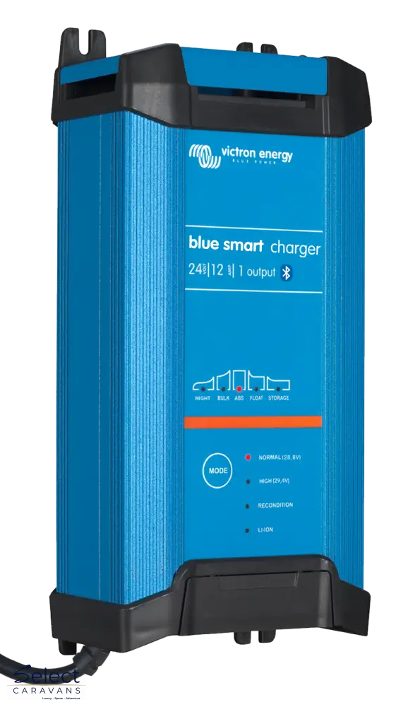 Blue smart charger with power cord on a white background