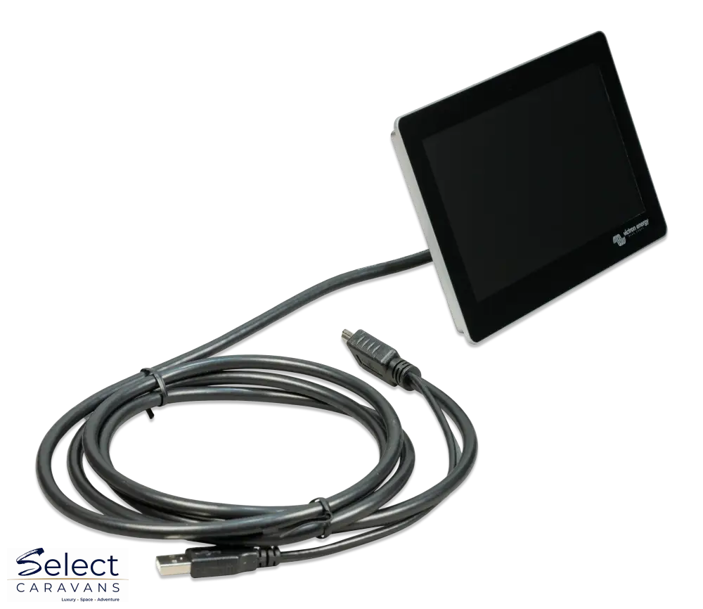 Victron GX Touch 70 mounted – 7 inch touchscreen showing caravan power dashboard – Select Caravans NZ