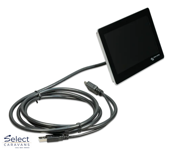 Victron GX Touch 70 mounted – 7 inch touchscreen showing caravan power dashboard – Select Caravans NZ