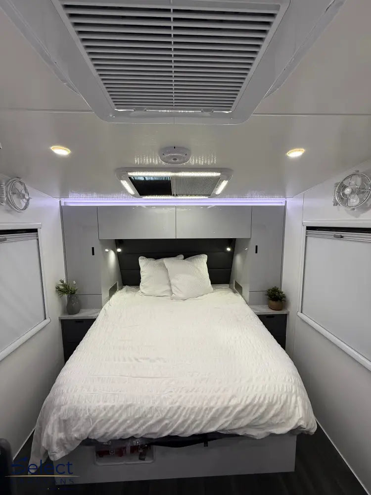 Villa Escape 19'6 bedroom interior – queen bed with overhead storage in compact off-road caravan – Select Caravans NZ