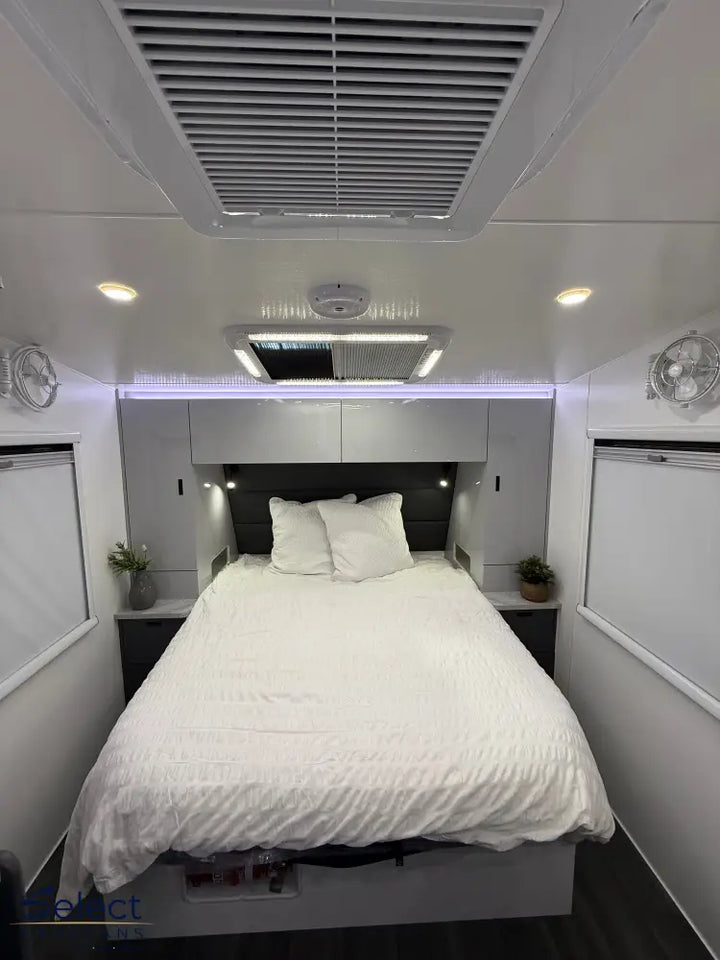 Villa Escape 19'6 bedroom interior – queen bed with overhead storage in compact off-road caravan – Select Caravans NZ