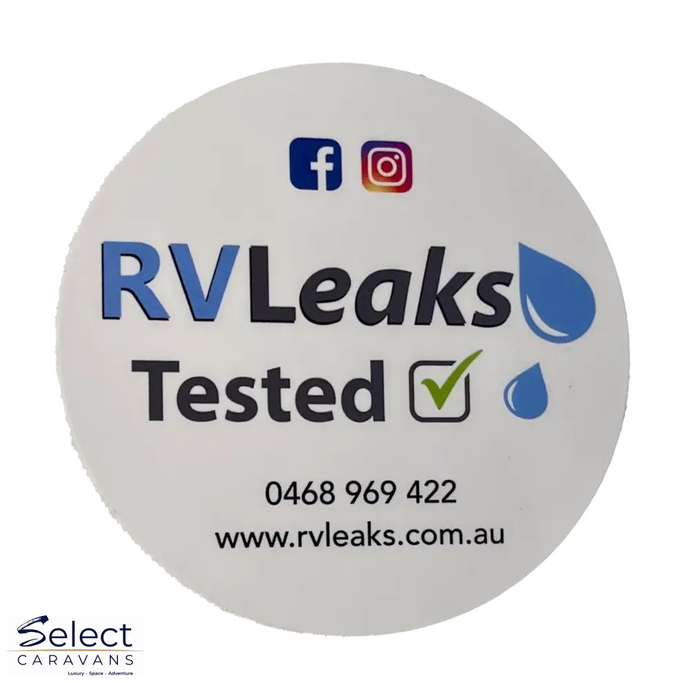 Round sticker with 'RVLeaks Tested' text and contact information on a white background