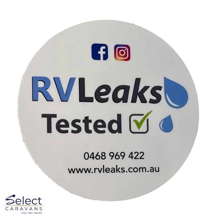 Round sticker with 'RVLeaks Tested' text and contact information on a white background