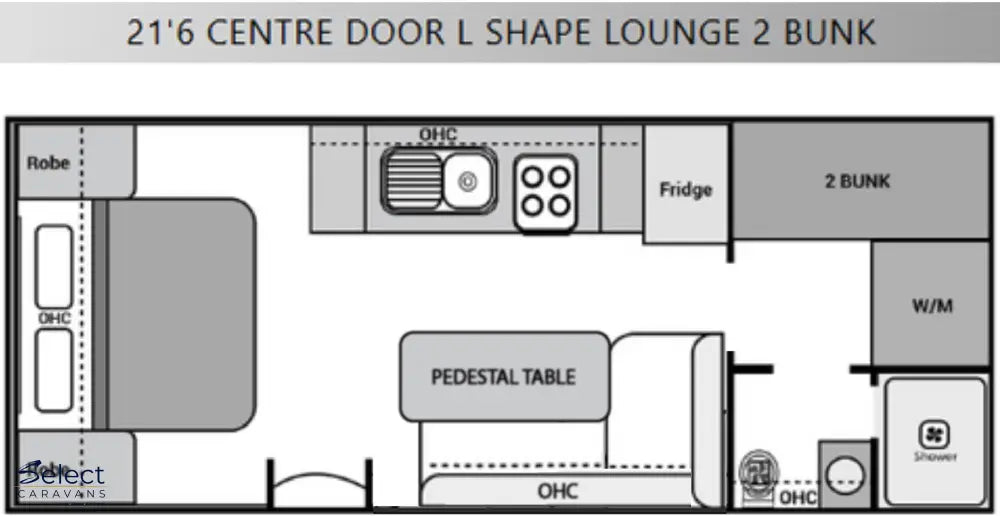 Floor plan of a 21'6" Centre Door L Shape Lounge with 2 Bunk layout.