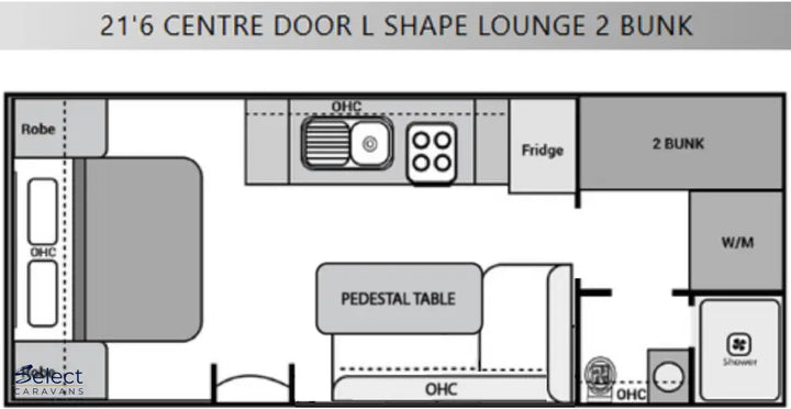 Floor plan of a 21'6" Centre Door L Shape Lounge with 2 Bunk layout.