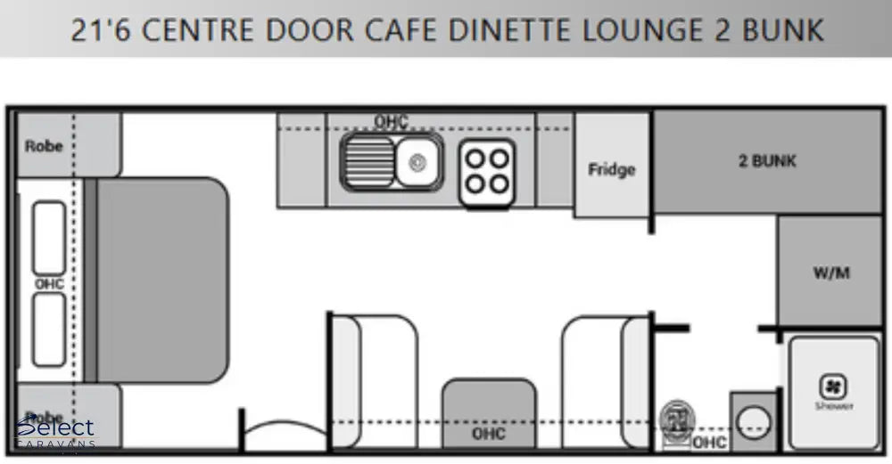 Floor plan of a 21'6" Centre Door Cafe Dinette Lounge with 2 Bunk layout.