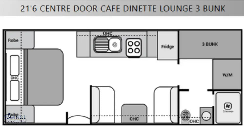 Floor plan of a 21'6" Centre Door Cafe Dinette Lounge with 3 Bunk layout.