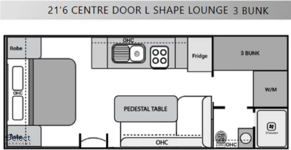 Floor plan of a 21'6" Centre Door L Shape Lounge with 3 Bunk layout.